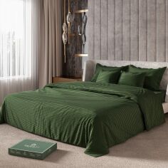 Акція на Комплект постельного белья страйп-сатин Pagoti Maestro зеленый Полуторный комплект наволочки 50х70 см від Podushka