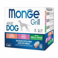 Акція на Вологий корм для собак Monge Grill Mix Adult (з лососем, 4*100 г + зі свининою, 4*100 г + з ягням та овочами, 4*100 г) від Eva