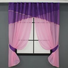 Акция на Комплект штор кухонних VR-Textil № 091к із ламбрекеном на карниз 1-1.5 м Рожевий з фіолетовим 280х170 см (52-0721) от Rozetka