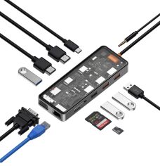 Акція на Wiwu Adapter Cyber 12in1 USB-C to 2xUSB3.0+2xUSB2.0+USB-C+SD+MicroSD+VGA+2xHDMI+RJ45+3.5mm Space Gray від Y.UA