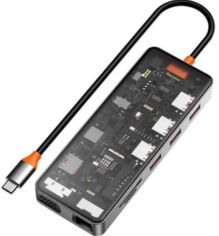 Акція на Wiwu Adapter Cyber CB011 11in1 USB-C to 3xUSB3.0+USB2.0+USB-C+SD+MicroSD+VGA+HDMI+RJ45+3.5mm Space Gray від Y.UA