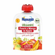 Акція на Дитяче фруктове органічне пюре Humana Яблуко, персик, манго, від 8 місяців, 90 г від Eva