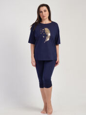 Акция на Піжама (футболка + бриджі) жіноча бавовняна великих розмірів Vienetta 311334*51 192001 2XL Темно-синя от Rozetka