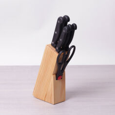 Акція на Набор стальных ножей Kamille 7 предметов с бакелитовыми ручками и деревянной подставкой 5122 від Podushka