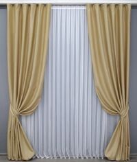 Акция на Комплект готових штор VR-Textil льон рогожка № 1346ш 1.5 х 3 м 2 шт Золотистих (33-0178) от Rozetka