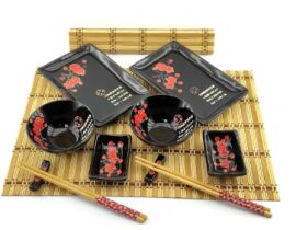 Акція на Сервиз для суши Красная сакура на черном фоне 2 персоны 39х27.5х5.5 см (DN34282A) від Stylus