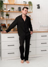 Акція на Мужская пижама Volcano S201 рубашка и брюки Cosy черная с черным кантом XL від Podushka