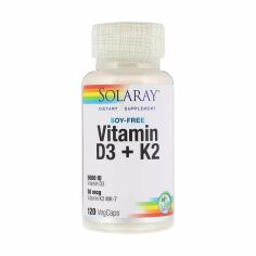 Акция на Дієтична добавка вітаміни в капсулах Solaray Vitamin D3 Вітамін D3 125 мкг + K2 50 мкг без сої, 120 шт от Eva