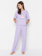 Акція на Піжама (футболка + штани) бавовняна жіноча Trendyol THMSS23PT00134 L Фіолетова від Rozetka