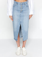 Акція на Спідниця джинсова міді літня пряма жіноча Trendyol TWOAW24ET00063 40 Блакитна від Rozetka