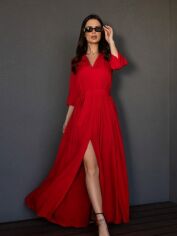 Акція на Сукня-сорочка довга літня жіноча ISSA PLUS 14686 S Червона від Rozetka