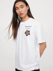 Акція на Футболка бавовняна довга чоловіча H&M 0684021_03 XS Біла з принтом від Rozetka