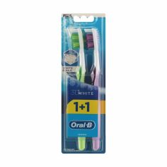 Акція на Набір зубних щіток Oral-B 1+1 3D White Відбілювання, фіолетова та салатова, середньої жорсткості, 2 шт від Eva