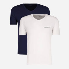 Акція на Набір футболок бавовняних довгих чоловічих Emporio Armani 619744006 M 2 шт Синій/Білий з принтом від Rozetka
