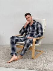Акція на Мужская фланелевая пижама P-F106P рубашка и штаны Cosy в сине-серую клетку L від Podushka