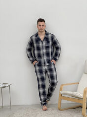 Акція на Мужская теплая пижама F601P рубашка и штаны Cosy клетка темно-синяя-серая L від Podushka