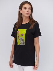Акція на Футболка бавовняна довга жіноча YAPPI Boyfriend WB2105 S Чорна від Rozetka