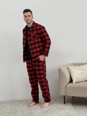 Акція на Мужская пижама-тройка F701P+f02 рубашка-штаны-футболка Cosy клетка красно-черная XL від Podushka