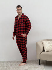 Акція на Мужская теплая пижама F701P рубашка и штаны Cosy клетка красно-черная M від Podushka