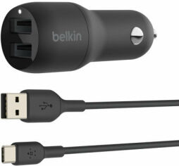 Акція на Belkin Car Charger 2хUSB 24W Black with Cable Usb to USB-C (CCE001BT1MBK) від Y.UA