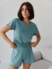Акція на Піжама (футболка + шорти) жіноча бавовняна BARWA garments 0355/356 L Темно-бірюзова від Rozetka