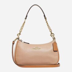Акція на Сумка багет сідло жіноча з натуральної шкіри середня Coach Teri Shoulder Bag In Signature Canvas BG-COA-66 Бежева з білим від Rozetka
