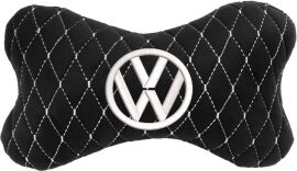 Акція на Подушка на підголовник EVAtech 27 х 16 см Volkswagen Чорна з білою ниткою від Rozetka
