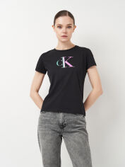 Акція на Футболка бавовняна жіноча Calvin Klein Jeans 11454.1 L Чорна з принтом від Rozetka