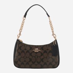 Акція на Сумка багет сідло жіноча з натуральної шкіри середня Coach Teri Shoulder Bag In Signature Canvas BG-COA-65 Коричнева від Rozetka