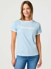 Акція на Футболка бавовняна жіноча Wrangler 112362324 L Блакитна з принтом від Rozetka