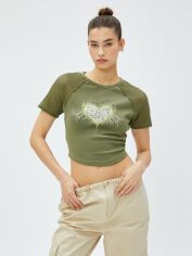 Акція на Футболка бавовняна коротка коротка жіноча Koton 3SAL10877IK854 XL Хакі з принтом від Rozetka
