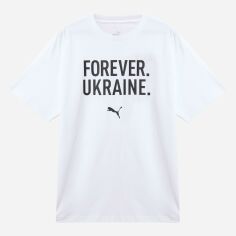 Акція на Футболка бавовняна довга чоловіча Puma Forever Ukraine 69009101 L White з принтом від Rozetka