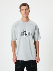 Акція на Футболка бавовняна довга чоловіча Koton 4SAM10849HK031 XL Сіра з принтом від Rozetka