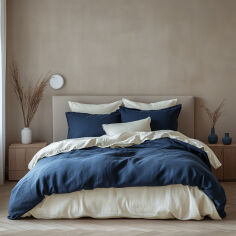 Акція на Комплект постельного белья SoundSleep Stonewash Doble Dark Blue Milk сине-молочный Двуспальный евро комплект від Podushka