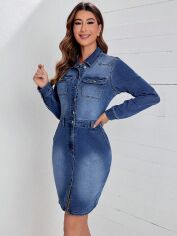 Акція на Плаття-сорочка джинсове коротке літнє жіноче SHEIN GD-00112779 S Темно-синє від Rozetka