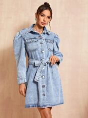 Акція на Плаття-сорочка джинсове коротке літнє жіноче SHEIN GD-00098295 XS Світло-синє від Rozetka