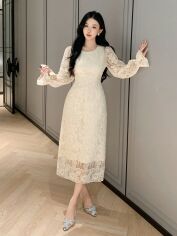 Акція на Плаття вечірнє міді осіннє жіноче SHEIN GD-00133202 S Кремове від Rozetka