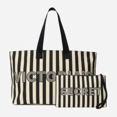 Акція на Набір (сумка шопер + косметичка) жіночий тканинний Victoria's Secret Graphic Stripe Tote 27046140 Чорний від Rozetka