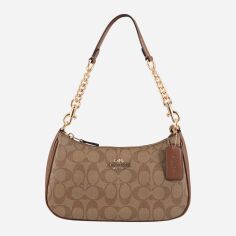 Акція на Сумка багет сідло жіноча з натуральної шкіри середня Coach Teri Shoulder Bag In Signature Canvas BG-COA-62 Коричнева від Rozetka