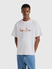 Акція на Футболка бавовняна довга чоловіча United Colors of Benetton 3MI6U109O-701 M Біла з принтом від Rozetka