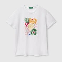 Акція на Футболка бавовняна жіноча United Colors of Benetton 3BL0D10AK-101 XS Біла з принтом від Rozetka