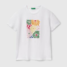 Акція на Футболка бавовняна жіноча United Colors of Benetton 3BL0D10AK-101 XL Біла з принтом від Rozetka
