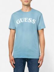 Акція на Футболка бавовняна довга чоловіча Guess 565907240 L Блакитна з принтом від Rozetka