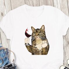 Акція на Футболка бавовняна жіноча Easy Cheeky cat EY00025 2XL Біла від Rozetka