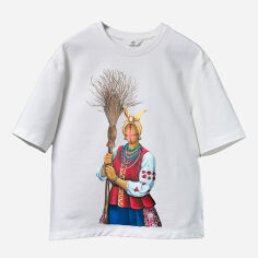 Акція на Футболка бавовняна жіноча SYVAK 60824 L-XL Біла з принтом від Rozetka