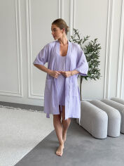 Акція на Подарочный женский набор из муслина SetLavanda1 халат и рубашка Cosy лавандовый в коробке L від Podushka