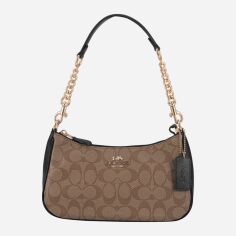 Акція на Сумка крос-боді жіноча з натуральної шкіри середня Coach Teri Shoulder Bag In Signature Canvas khaki/black BG-COA-90 Коричнева від Rozetka