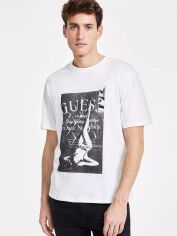 Акція на Футболка бавовняна довга чоловіча Guess 870716673 XL Молочна з принтом від Rozetka