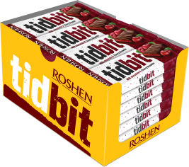 Акция на Упаковка шоколадных батончиков Roshen TidBit с начинкой Вишневый брауни 50 г х 28 шт (4823077630507) от Rozetka UA