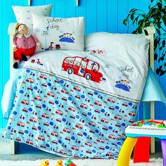 Акція на Постельное белье в кроватку Karaca Home School bus mavi 2020-2 голубой Детский комплект від Podushka